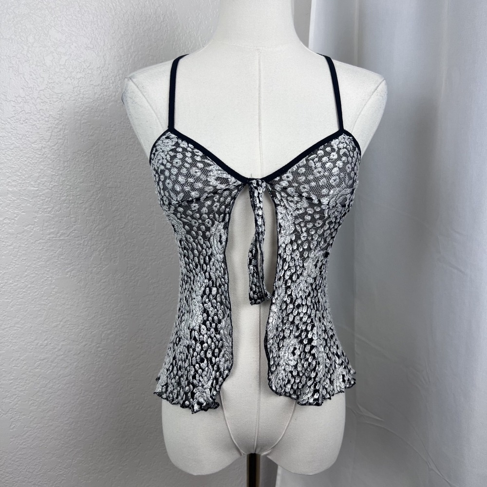 Vintage Fairy Goth Top Womens Small Silver Floral Mesh Sheer Cami Coquette Micro